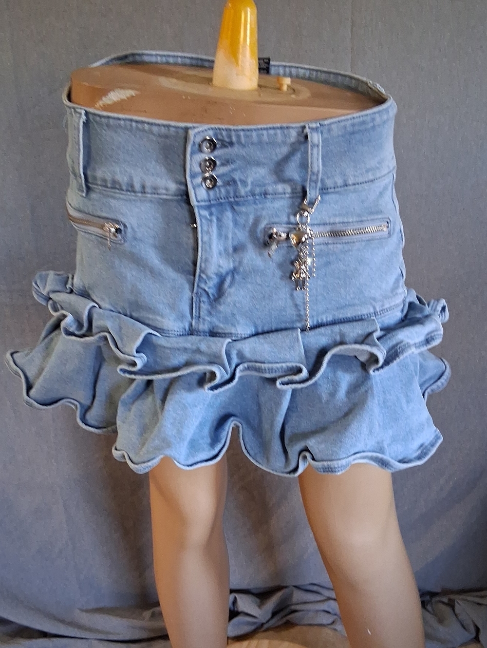 Light Blue Denim Ruffle Mini Skirt with Charm Detail